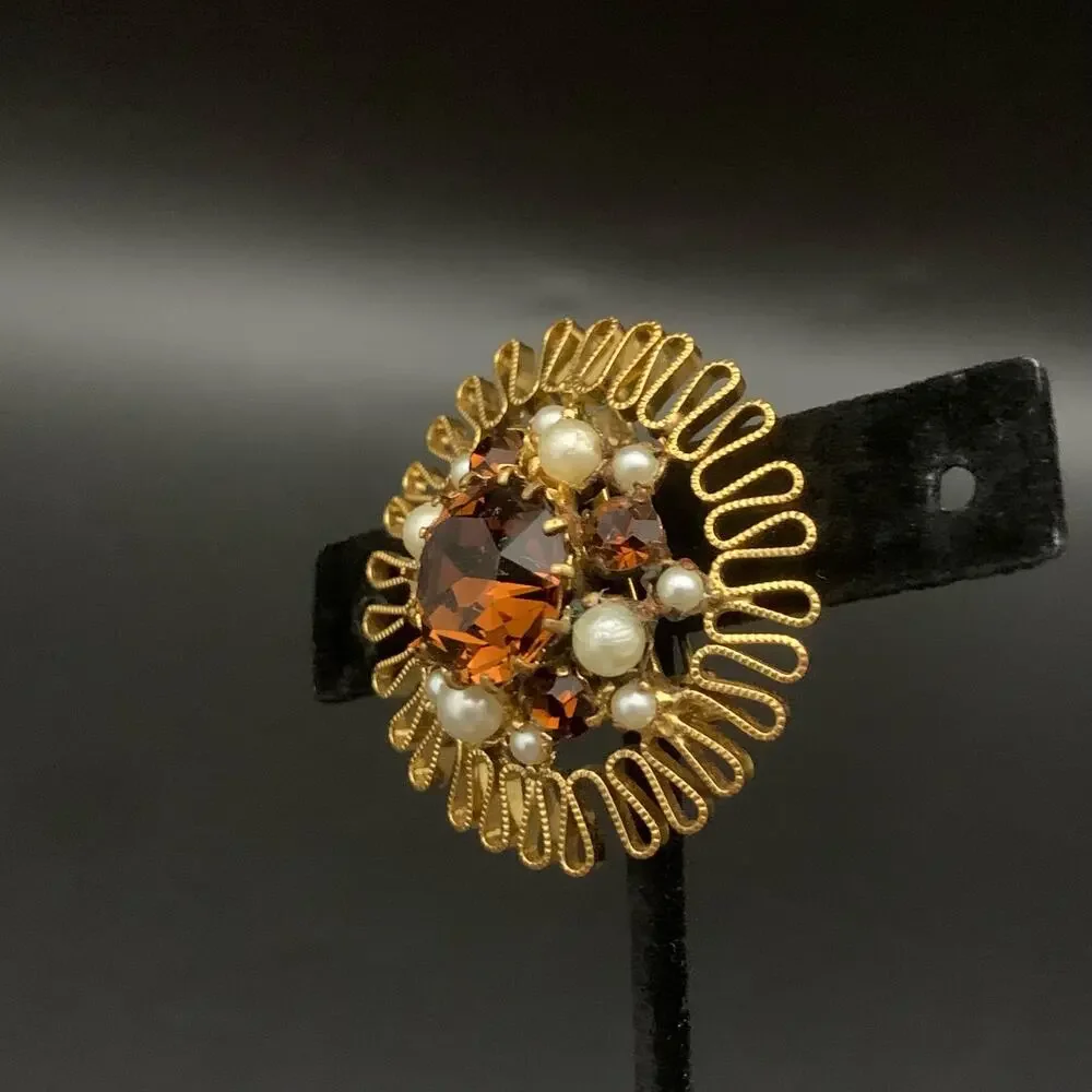 Vintage Austrian Crystal Brooch Pin Made In Austria Smokey Amber Brown Crystal